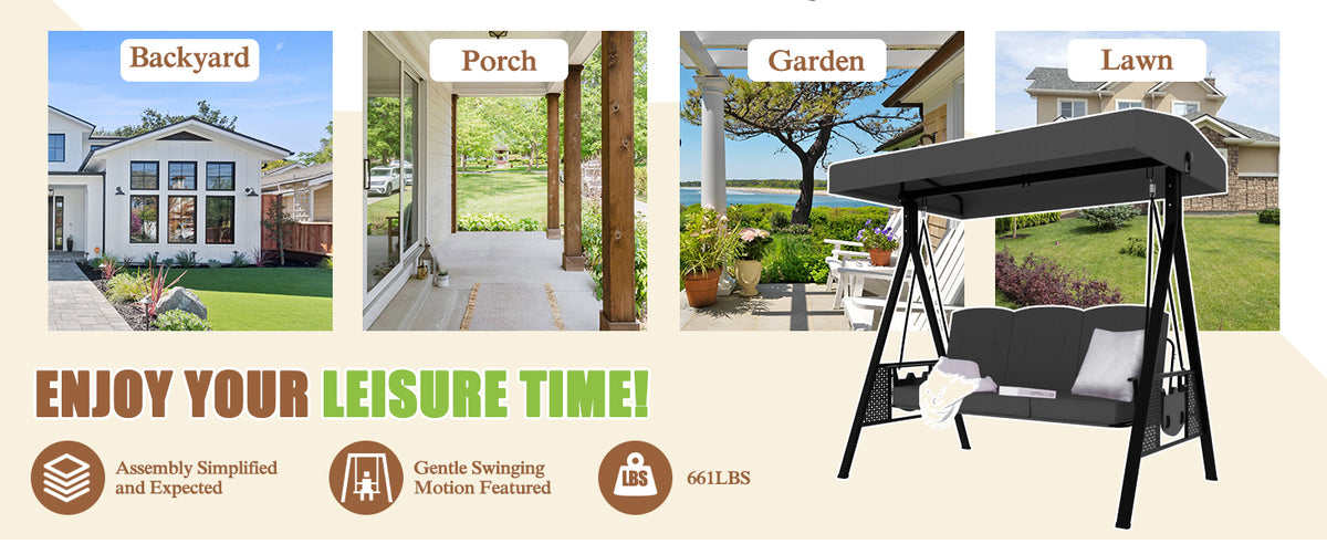 VEIKOUS Patio Swing Chair with Canopy, Swing Seat for Adults, 3-person Swing with Removable Cushion