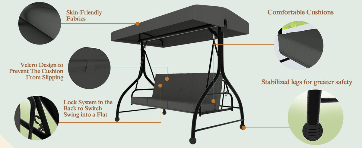 VEIKOUS 3 Person Patio Swing, Porch Swing Chair, Outdoor Canopy Swing with Stand and Cushions