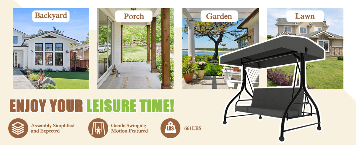 VEIKOUS 3 Person Patio Swing, Porch Swing Chair, Outdoor Canopy Swing with Stand and Cushions