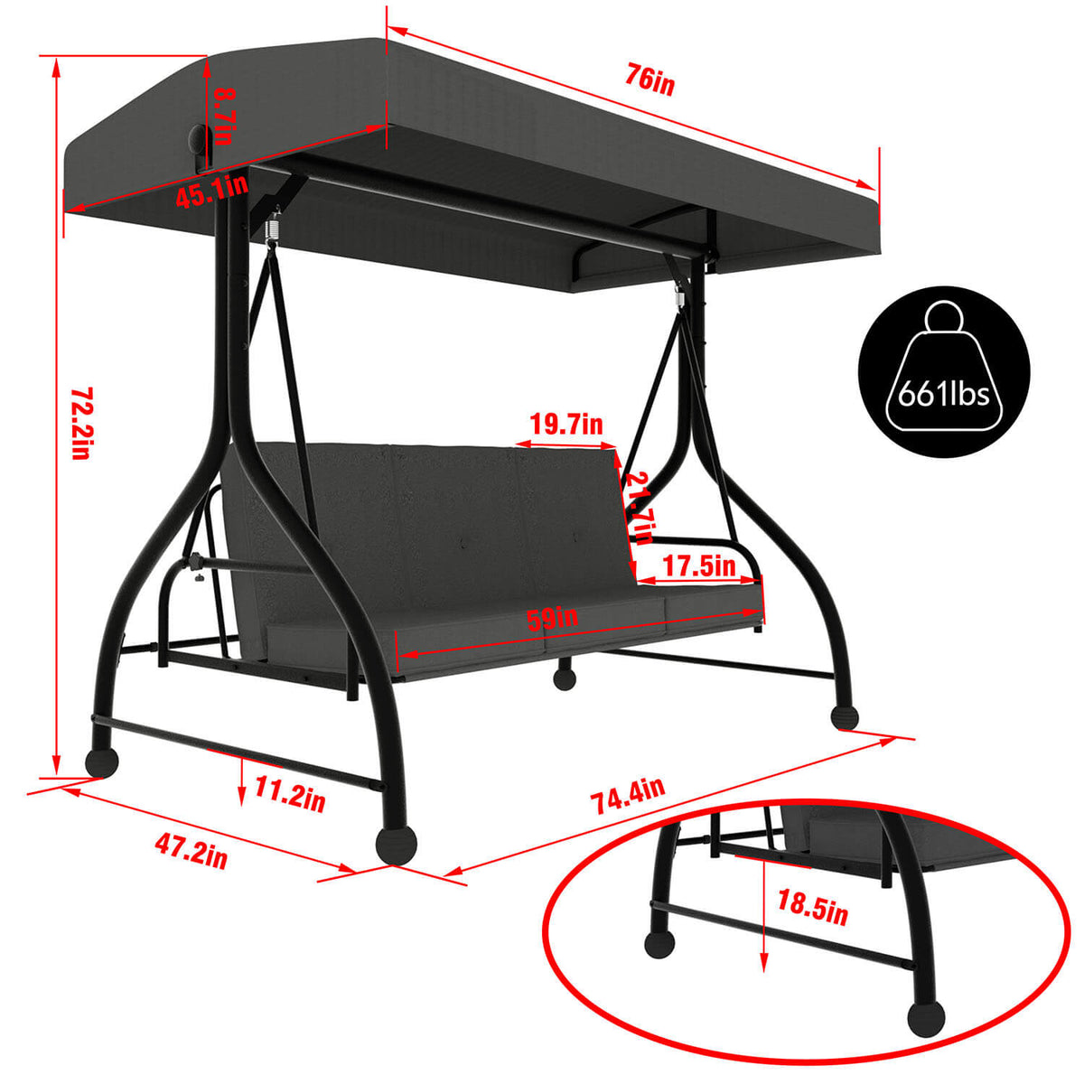 VEIKOUS 3 Person Patio Swing, Patio Porch Swing Chair