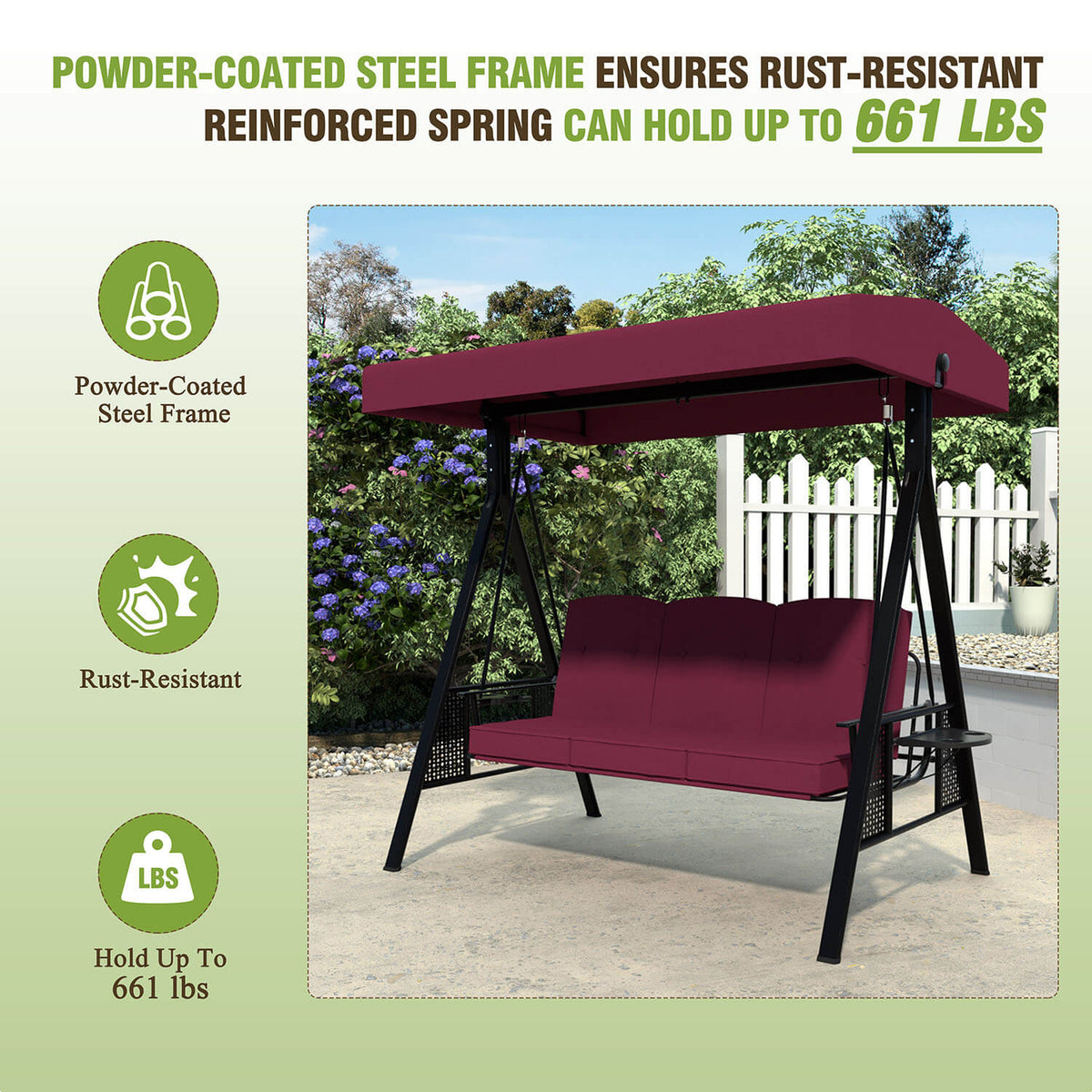 VEIKOUS Patio Swing Chair with Canopy, Swing Chairs for Outside for adults, 3-person Swing Seat with Removable Cushion