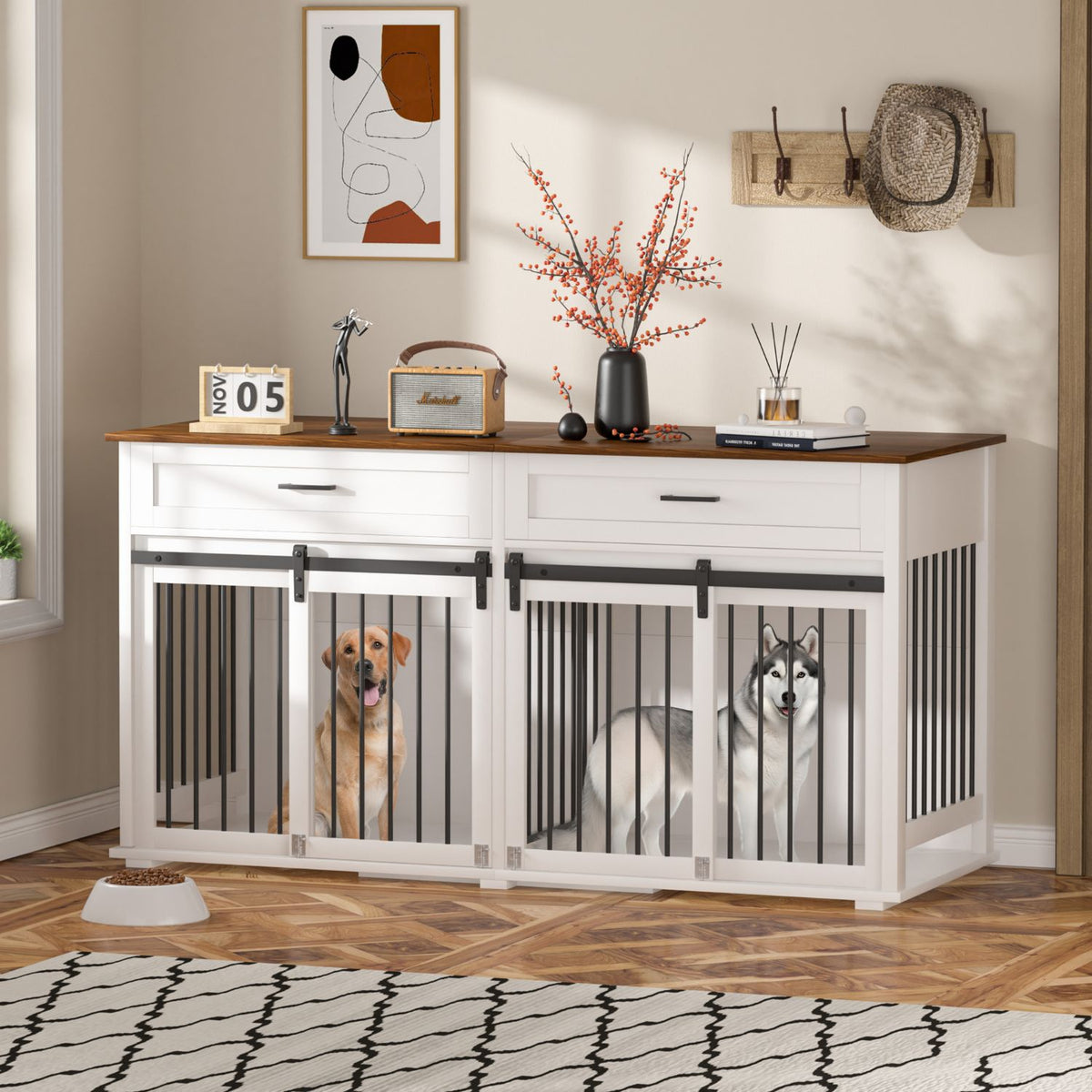 Wooden Dog Crate Furniture for 2 Dogs